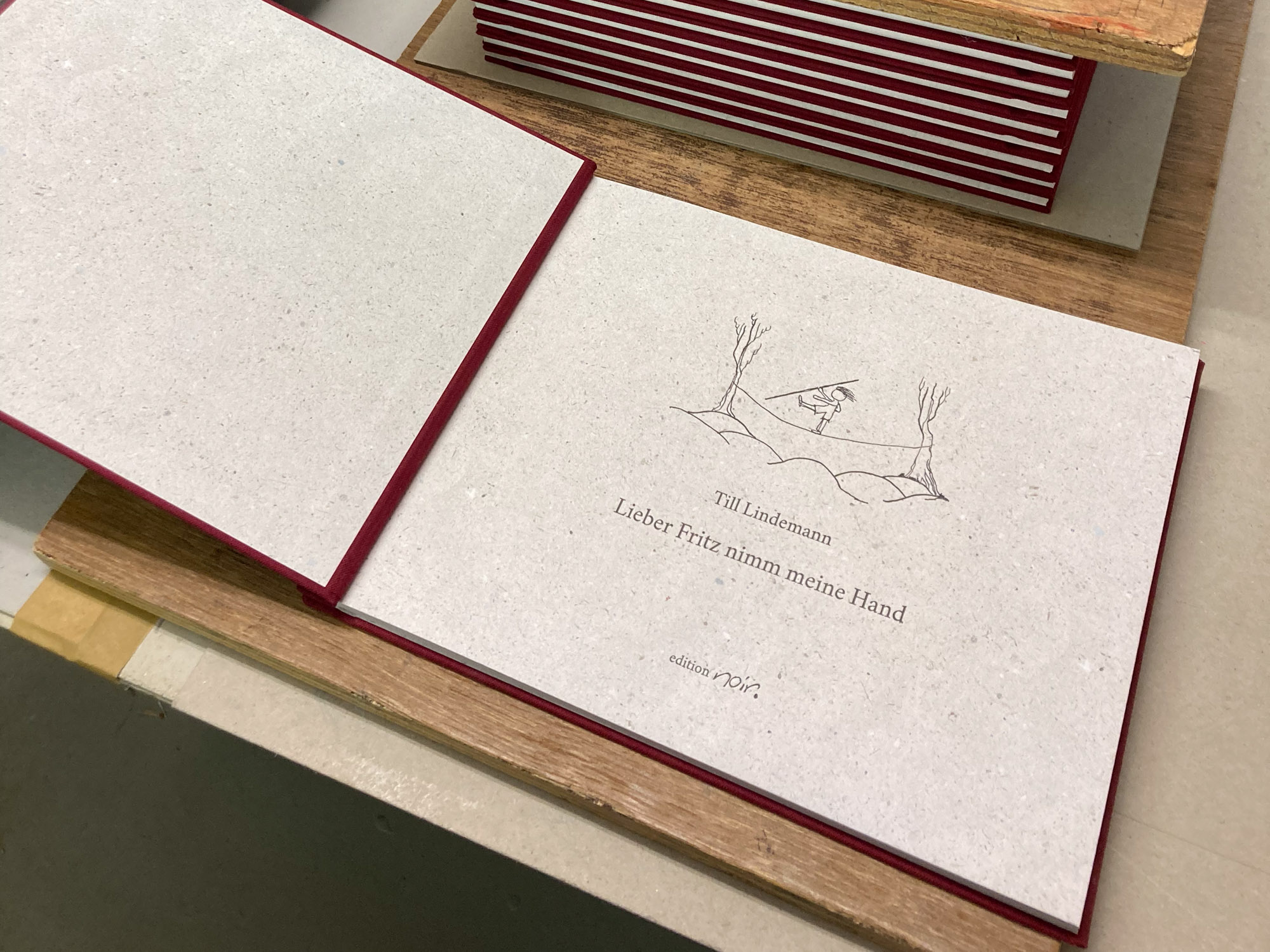 Im Vordergrund die Titelseite des aufgeschlagenen Kinderbuches "Lieber Fritz nimm meine Hand", von Till Lindemann. Im Hintergund ein Stapel weiterer Exemplare dieser Bücher.